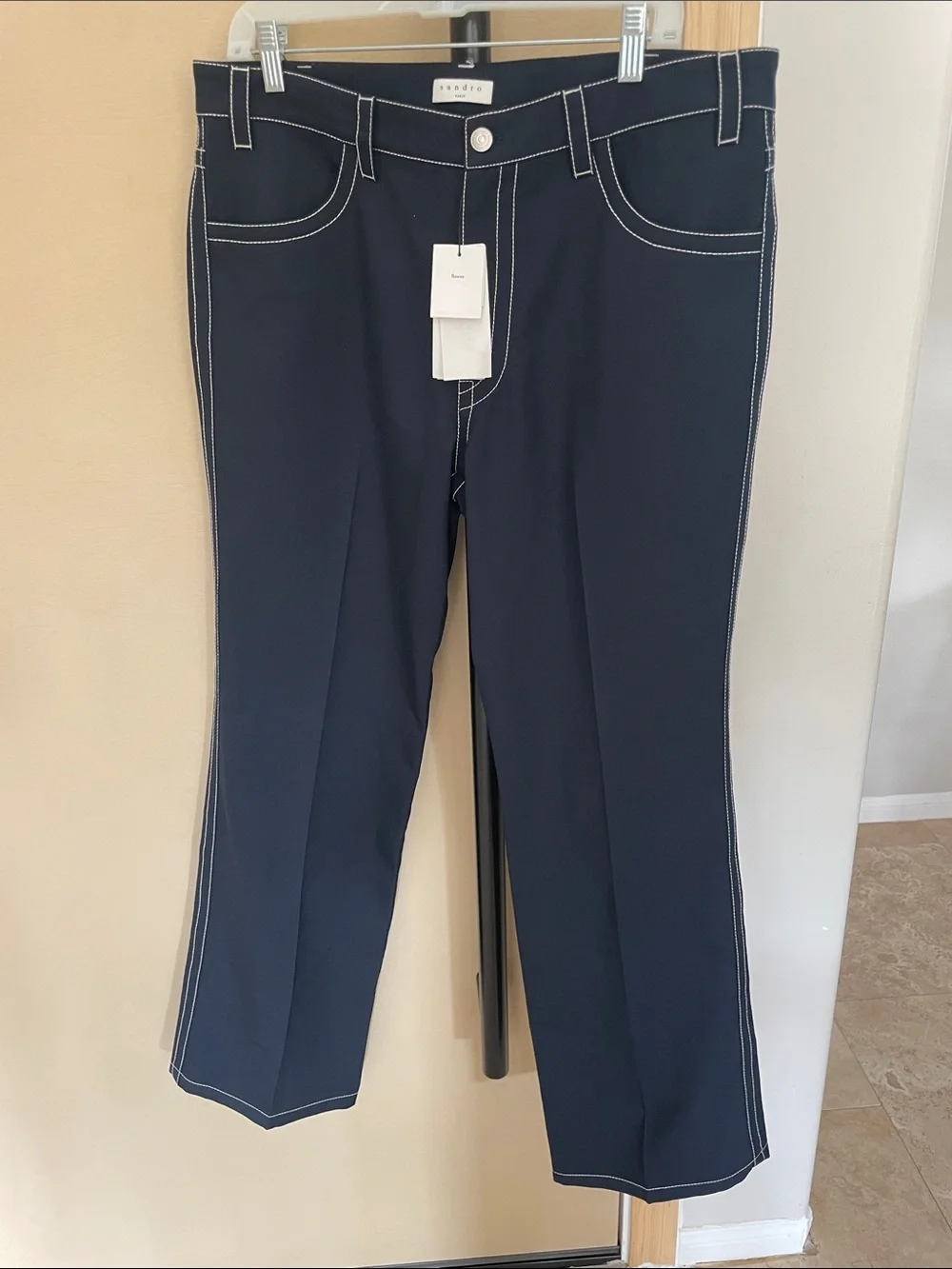 Sandro Navy Trousers with White Contrast Stitching